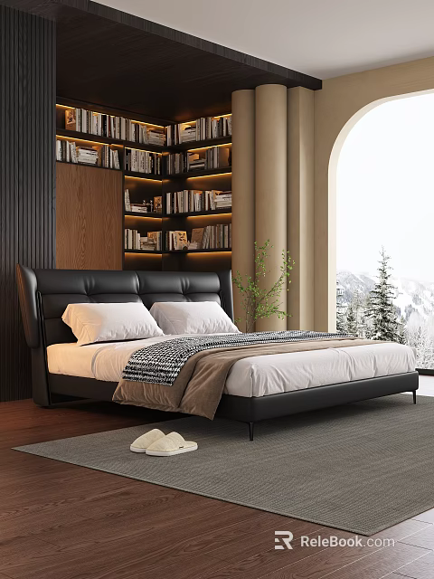 Modern Black Leather Double Bed with White Pillows and Mountain View Window 3d model