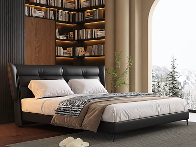 Modern Black Leather Double Bed with White Pillows and Mountain View Window 3d model