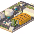 Cartoon Factory Scene With Yellow Roofed Building Storage Tanks Trucks Roads And Greenery