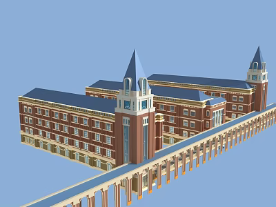 School Building Featuring Red Brick Exterior Blue Roof Spire Towers And Multi Story Connecting Corridor 3d model