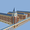 School Building Featuring Red Brick Exterior Blue Roof Spire Towers And Multi Story Connecting Corridor