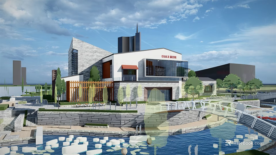 Modern Commercial Street With Modern Architecture Waterfront Lotus Pond And Stone Bridge 3d model 