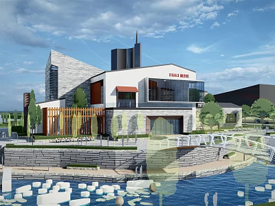 Modern Commercial Street With Modern Architecture Waterfront Lotus Pond And Stone Bridge 3d model