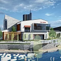 Modern Commercial Street With Modern Architecture Waterfront Lotus Pond And Stone Bridge