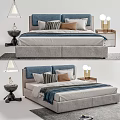 Modern Double Bed With Blue Headboard Multiple Pillows Blue Throw Blanket Nightstand And Table Lamp 3d model