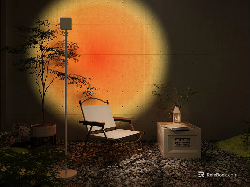 Floor Lamp With Sunset Projection Creating Cozy Indoor Atmosphere And Armchair Side Table Potted Plant 3d model 