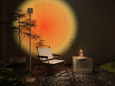 Floor Lamp With Sunset Projection Creating Cozy Indoor Atmosphere And Armchair Side Table Potted Plant 3d model