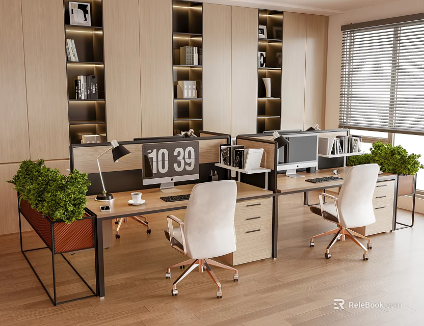 Modern Office Desk Setup With Computer Desk Lamp Green Plants Wooden Bookshelves And Window Blinds 3d model 