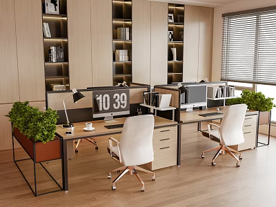 Modern Office Desk Setup With Computer Desk Lamp Green Plants Wooden Bookshelves And Window Blinds 3d model
