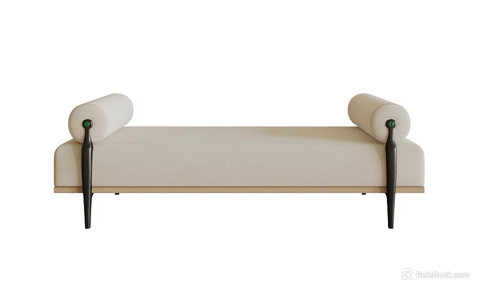 Modern Beige Upholstered Sofa Bench With Scroll Armrests And Black Slender Legs 3d model