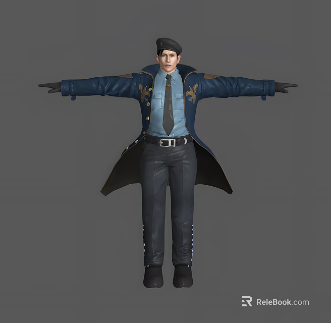 Man In Blue Coat And Shirt With Tie Black Pants Hat Arms Outstretched 3d model 
