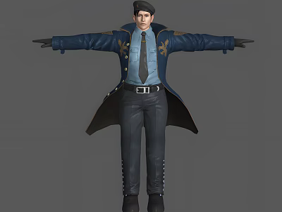 Man In Blue Coat And Shirt With Tie Black Pants Hat Arms Outstretched 3d model