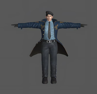 Man In Blue Coat And Shirt With Tie Black Pants Hat Arms Outstretched 3d model