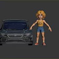 Blue Racing Car With Blonde Cartoon Character In Yellow Top And Red Shoes