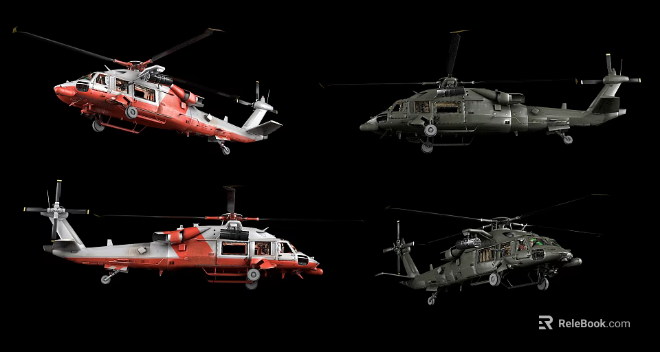 Four Red and Green Helicopters of Various Types Flying in Air 3d model 