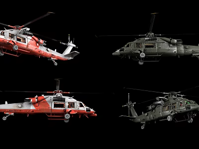 Four Red and Green Helicopters of Various Types Flying in Air 3d model