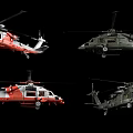 Four Red and Green Helicopters of Various Types Flying in Air