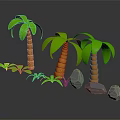 Cartoon Tropical Scene With Green Palm Trees Orange Trunks Small Plants And Gray Stones