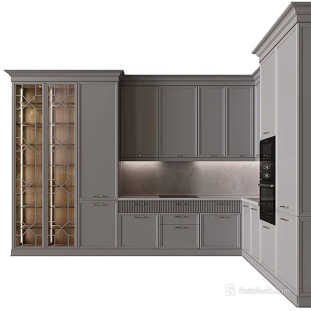 Modern Gray Kitchen Cabinets With Glass Door Design Stone Backsplash And Built In Oven 3d model 
