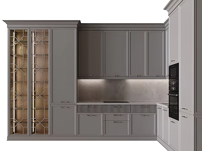 Modern Gray Kitchen Cabinets With Glass Door Design Stone Backsplash And Built In Oven 3d model