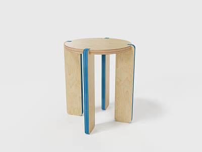 Simple Natural Plywood Round Stool With Unique Blue Edge Design For Modern Minimalist Home Decor 3d model