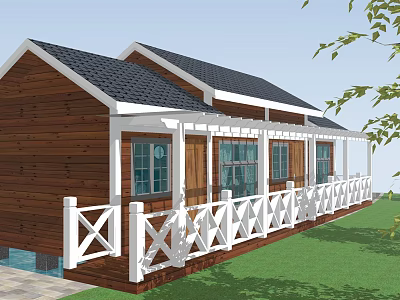 Wooden Detached House With Black Roof White Porch Railings And Green Lawn 3d model
