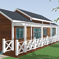 Wooden Detached House With Black Roof White Porch Railings And Green Lawn
