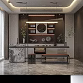 Elegant Modern Elevator Lobby Interior With Marble Floor Sofa Floor-to-Ceiling Windows And Decorative Pendant Light