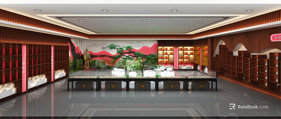 Traditional Exhibition Hall Interior With Landscape Wall Green Plants Display Counters And Bookshelves 3d model 