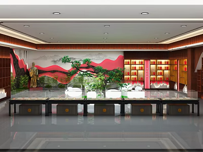 Traditional Exhibition Hall Interior With Landscape Wall Green Plants Display Counters And Bookshelves 3d model