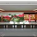 Traditional Exhibition Hall Interior With Landscape Wall Green Plants Display Counters And Bookshelves