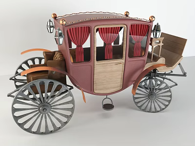 Vintage Pink Carriage With Red Curtains Wooden Door Decorative Lamps And Large Wheels 3d model