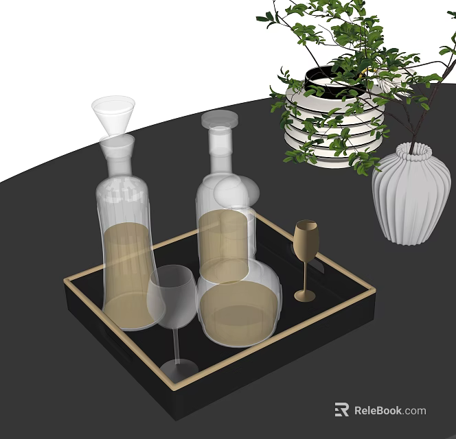 Elegant Wine Bottles And Glasses On Decorative Tray With Green Plant And White Vase 3d model 