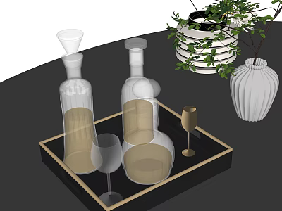 Elegant Wine Bottles And Glasses On Decorative Tray With Green Plant And White Vase 3d model