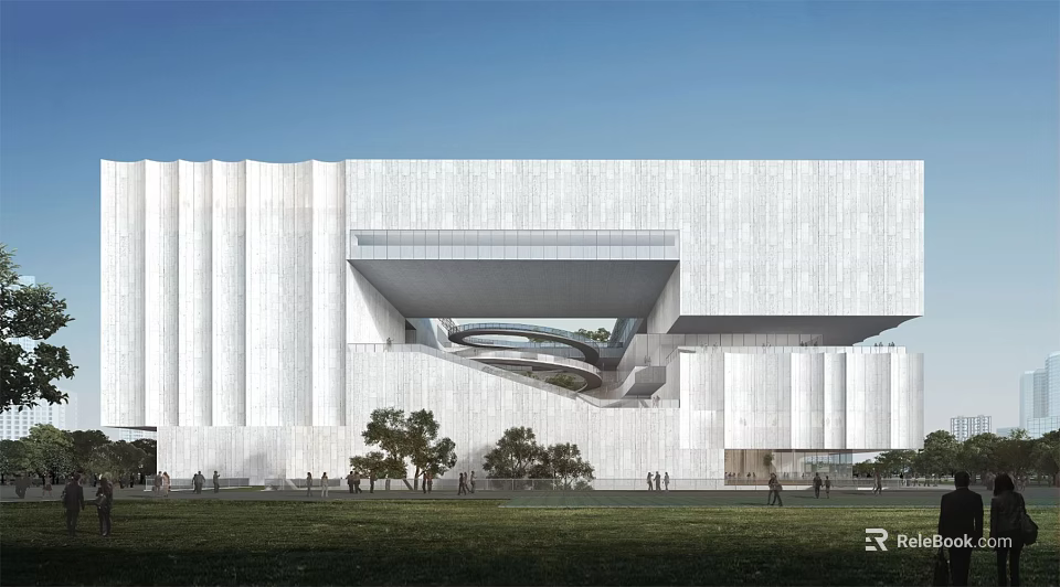 Modern White Museum Building With Cantilevered Glass Structure Lawn And Trees 3d model 