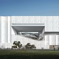 Modern White Museum Building With Cantilevered Glass Structure Lawn And Trees