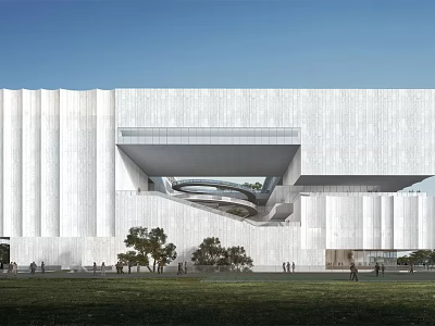 Modern White Museum Building With Cantilevered Glass Structure Lawn And Trees 3d model