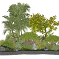 Lush Garden Landscape Featuring Shrubs Palm Trees Yellow Flowering Trees Stones and Curved Pathway