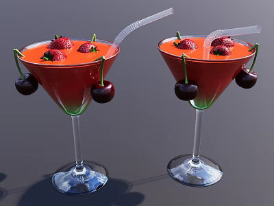 Refreshing Red Beverage in Glasses with Strawberries Cherries and Straws Garnish 3d model