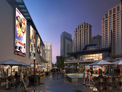 Vibrant Commercial Street With High Rise Buildings Outdoor Dining Areas And Evening Lights 3d model