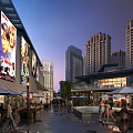 Vibrant Commercial Street With High Rise Buildings Outdoor Dining Areas And Evening Lights