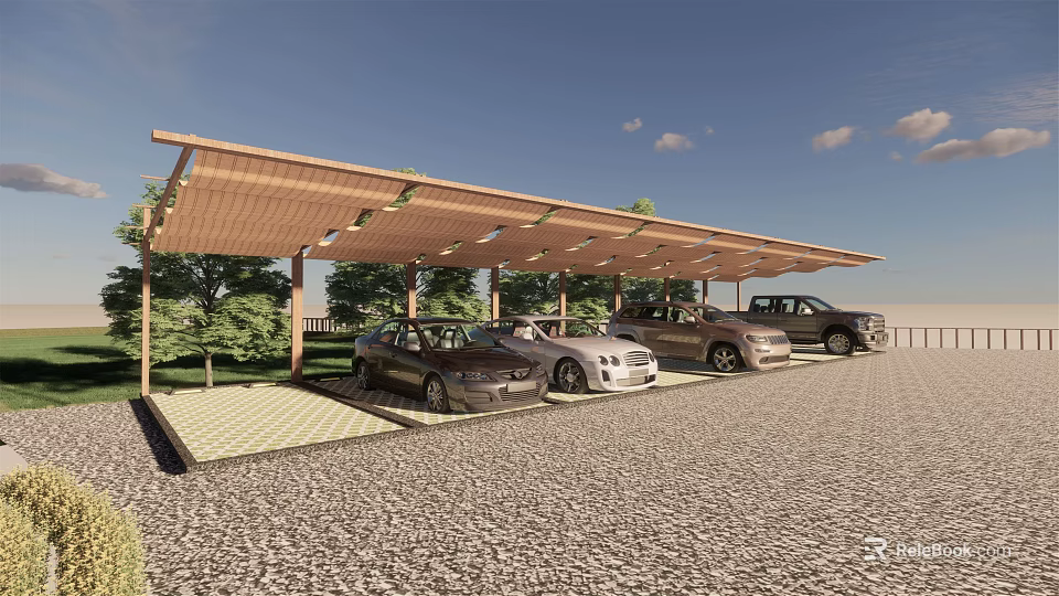 Covered Parking Area With Wooden Shelter And Cars On Stone Pavement Around Trees 3d model 