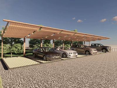 Covered Parking Area With Wooden Shelter And Cars On Stone Pavement Around Trees 3d model