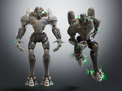 Robot Characters With Metallic Bodies Standing And Leaping With Green Glowing Elements 3d model