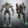 Robot Characters With Metallic Bodies Standing And Leaping With Green Glowing Elements 3d model