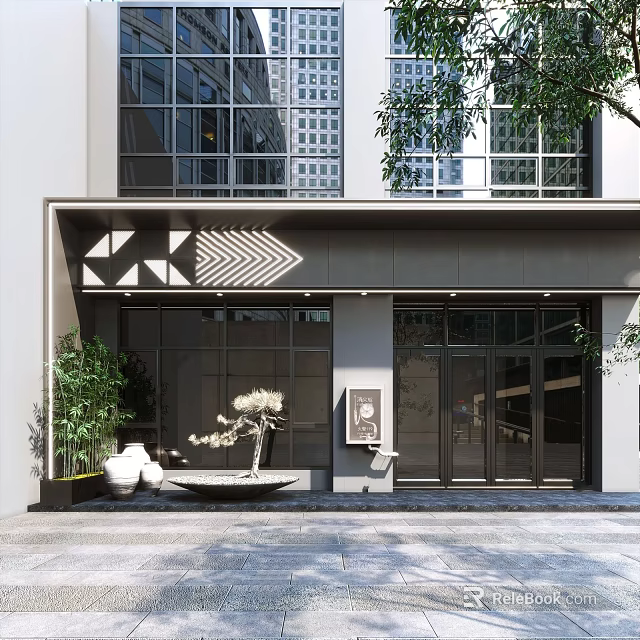 Modern Storefront Facade with Glass Doors Geometric Patterns Green Plants and Large Windows 3d model 
