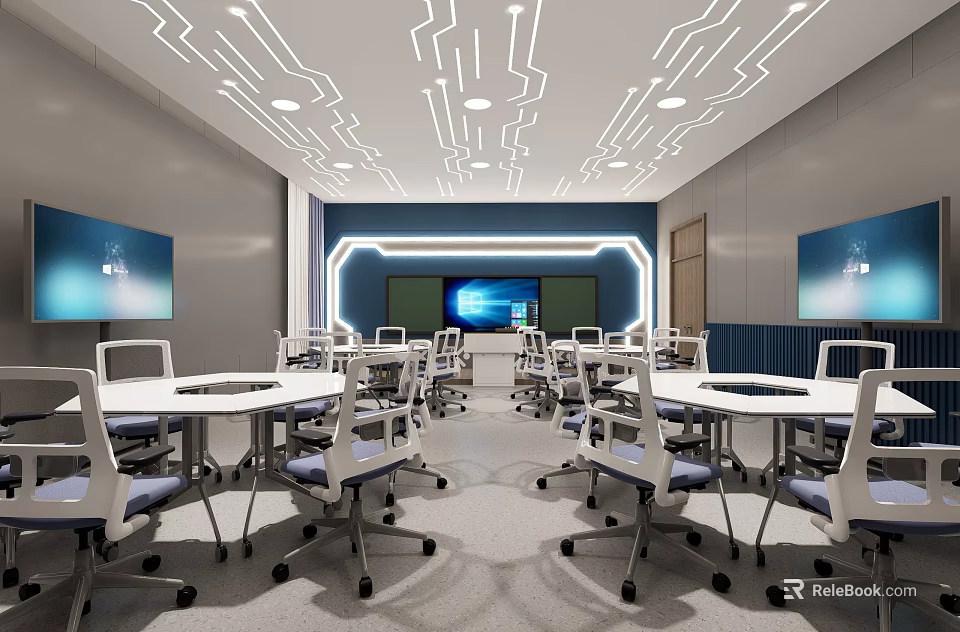 Modern Classroom Interior With White Tables Chairs Large Screen And Ceiling Light Design 3d model 