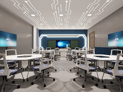 Modern Classroom Interior With White Tables Chairs Large Screen And Ceiling Light Design 3d model