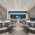 Modern Classroom Interior With White Tables Chairs Large Screen And Ceiling Light Design 3d model
