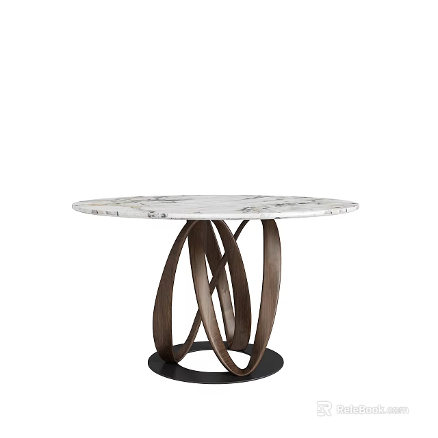 Modern Round Dining Table With White Black Veined Marble Top And Brown Metal Intertwined Legs 3d model 